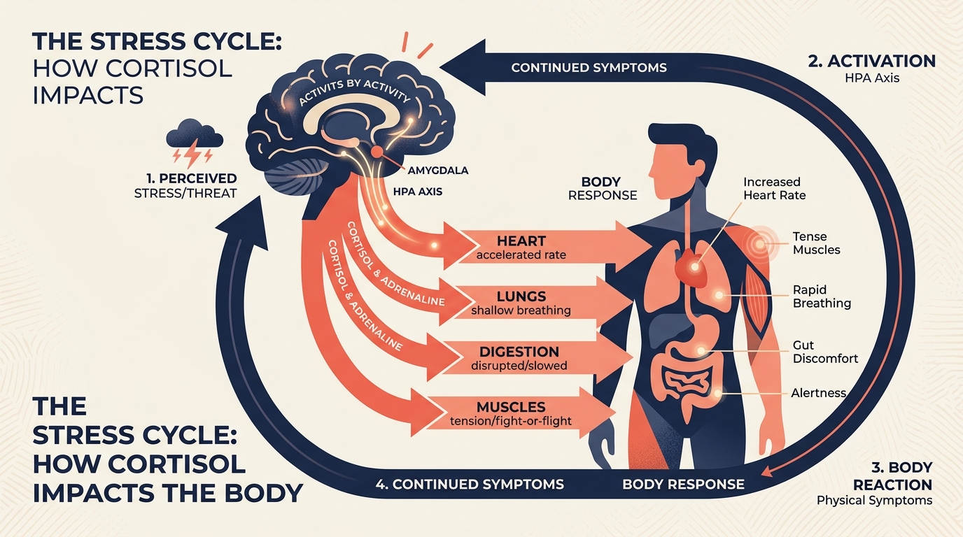 Diagrama mostrando a rela&ccedil;&atilde;o entre cortisol, estresse e sistema dopamin&eacute;rgico no Parkinson