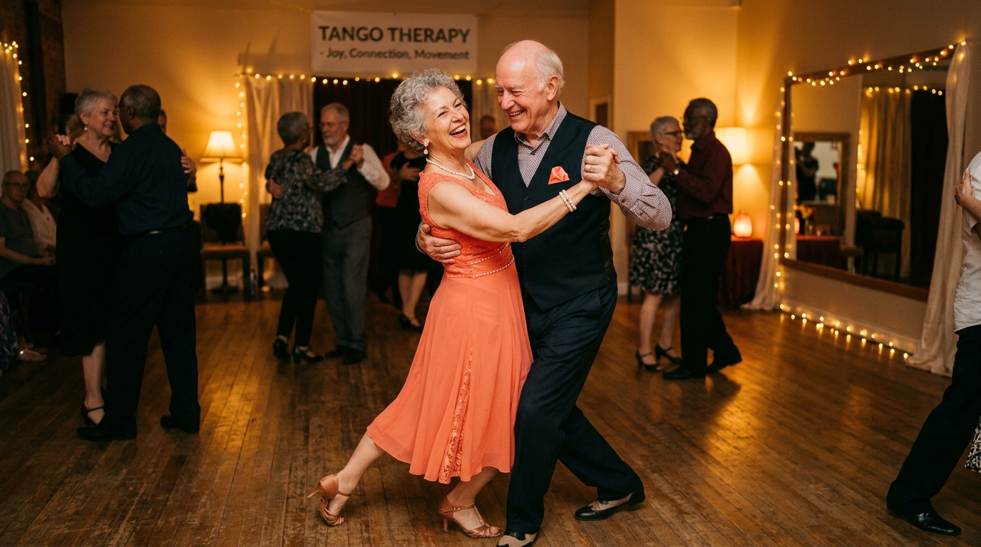 Casal dan&ccedil;ando tango como forma de terapia para Parkinson