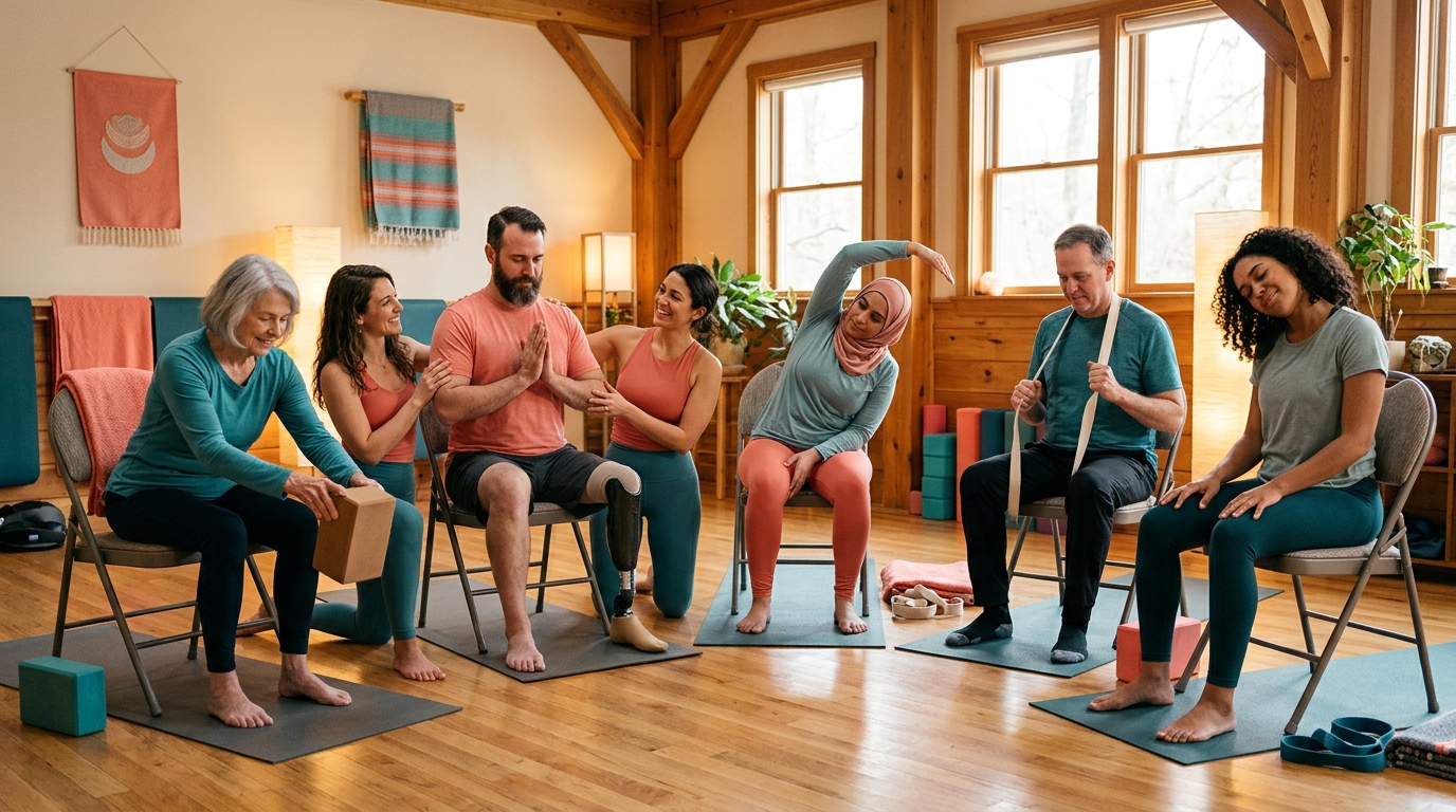 Grupo de pessoas com Parkinson em aula de yoga adaptado com instrutora especializada
