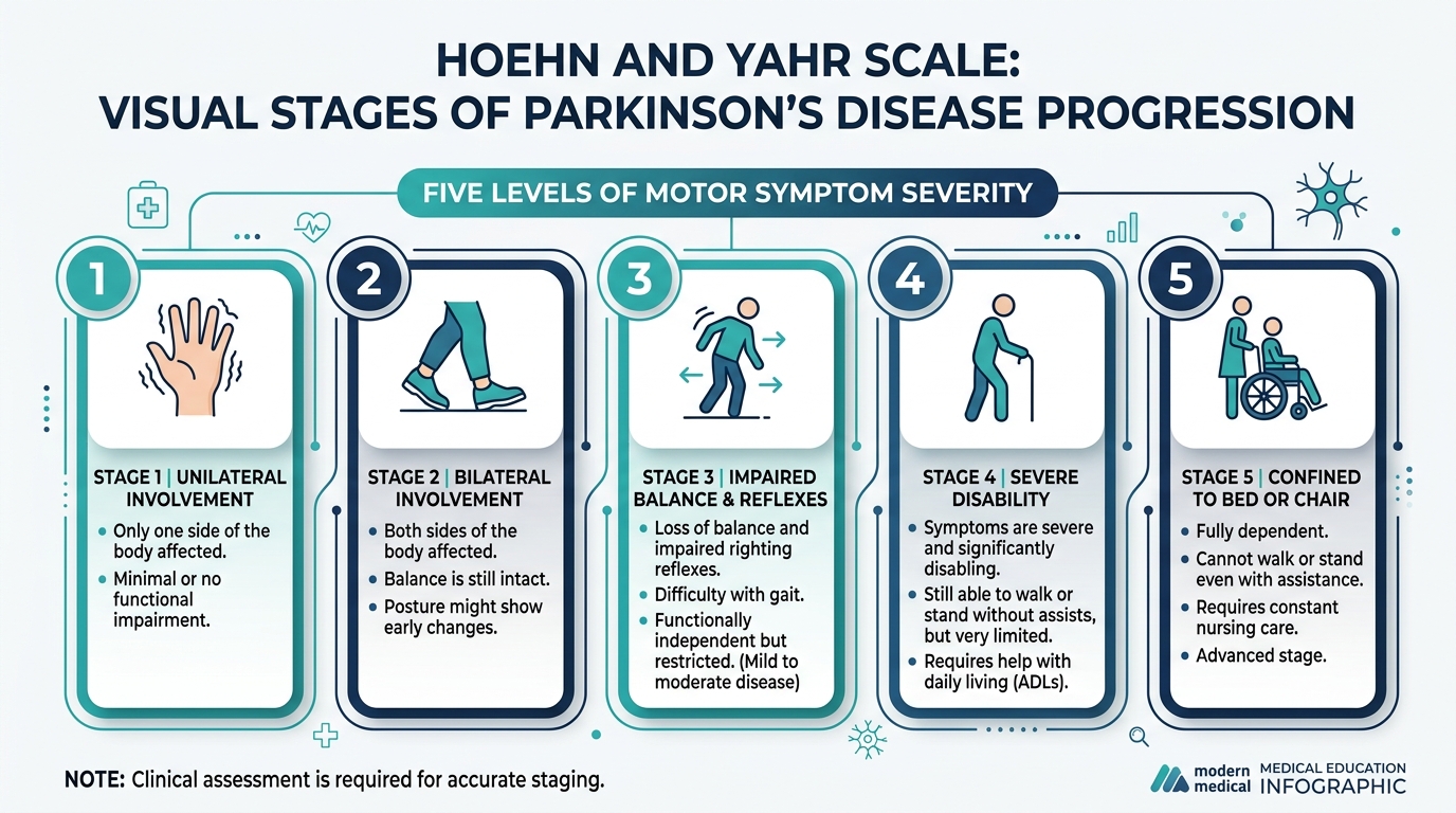 Infogr&aacute;fico da Escala Hoehn e Yahr com os 5 est&aacute;gios do Parkinson